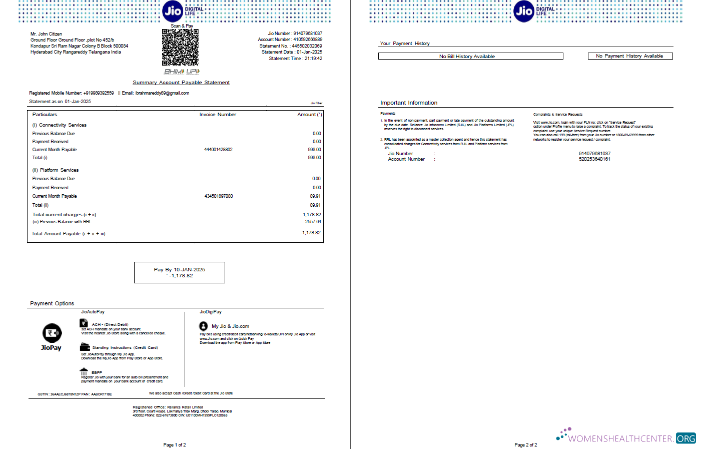 download India Jio Digital Life utility bill template in Word and PDF formats, 2 pages, version 3 PDF template